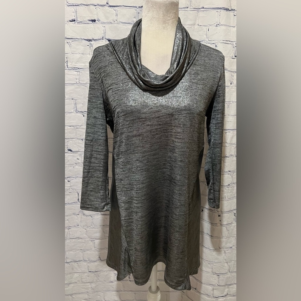 Logo By Lori Goldstein Silver Foil Print Cowl Neck Blouse Top Size Small